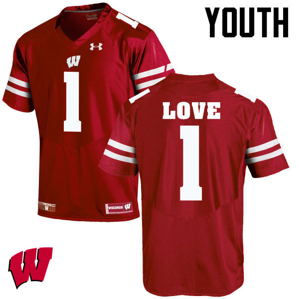 Youth Wisconsin Badgers #1 Reggie Love College Football Jerseys-Red - Click Image to Close